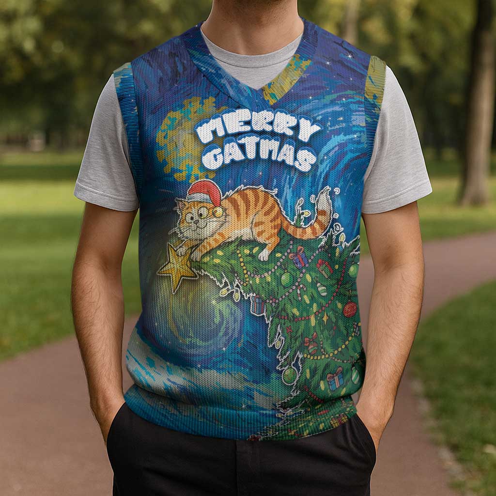 Merry Catmas Christmas Knitted V-Neck Vest Cat Hanging On Xmas Tree - Wonder Print Shop
