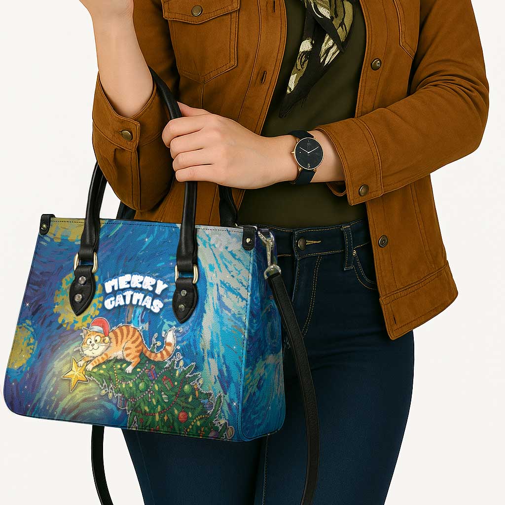 Merry Catmas Leather Bag Cat Hanging On Xmas Tree - Wonder Print Shop