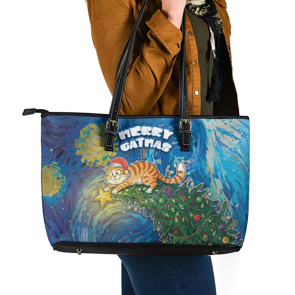 Merry Catmas Leather Tote Bag Cat Hanging On Xmas Tree - Wonder Print Shop