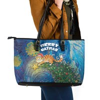 Merry Catmas Leather Tote Bag Cat Hanging On Xmas Tree - Wonder Print Shop