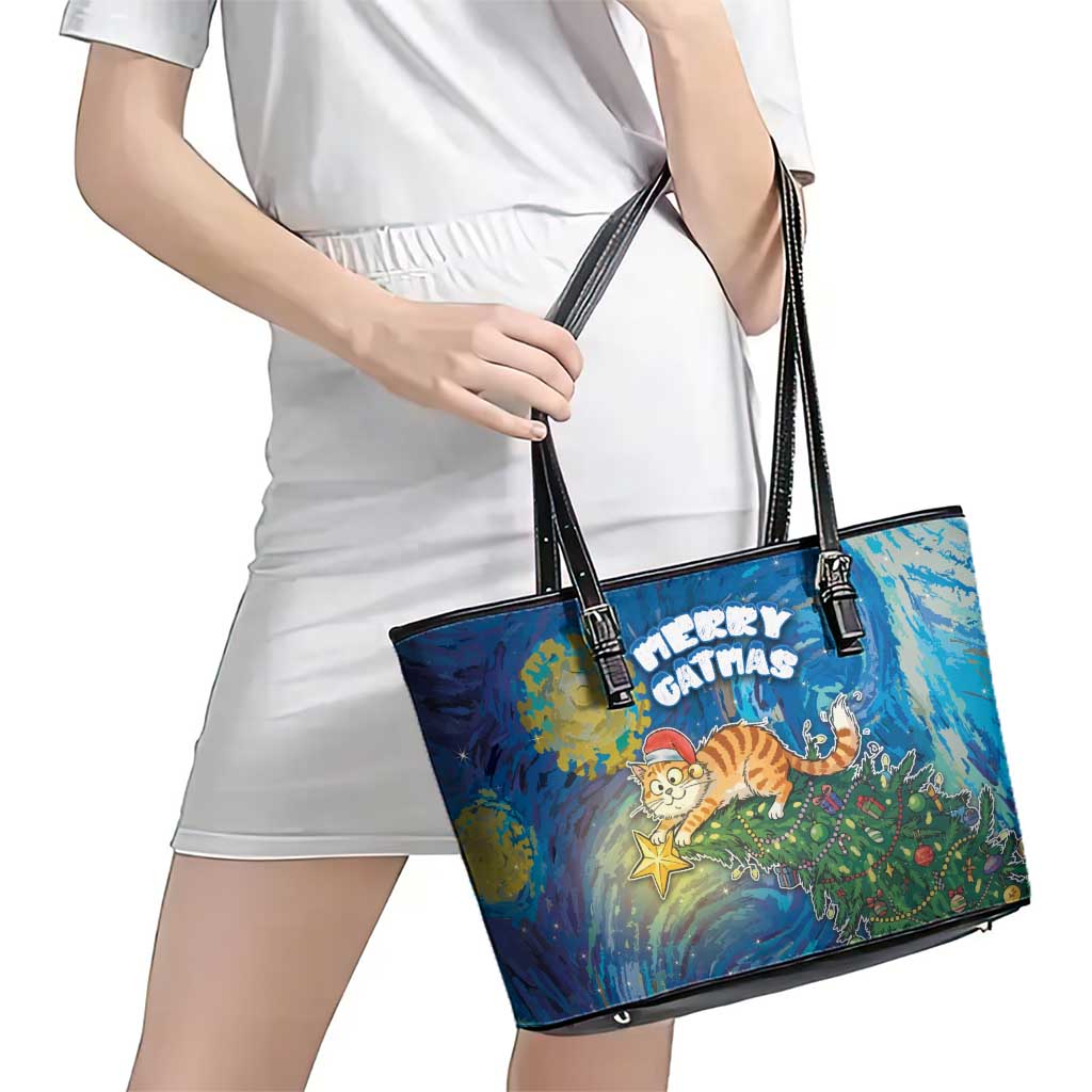 Merry Catmas Leather Tote Bag Cat Hanging On Xmas Tree - Wonder Print Shop