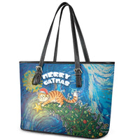 Merry Catmas Leather Tote Bag Cat Hanging On Xmas Tree - Wonder Print Shop