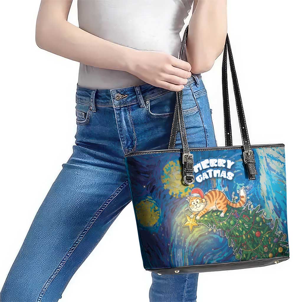 Merry Catmas Leather Tote Bag Cat Hanging On Xmas Tree - Wonder Print Shop