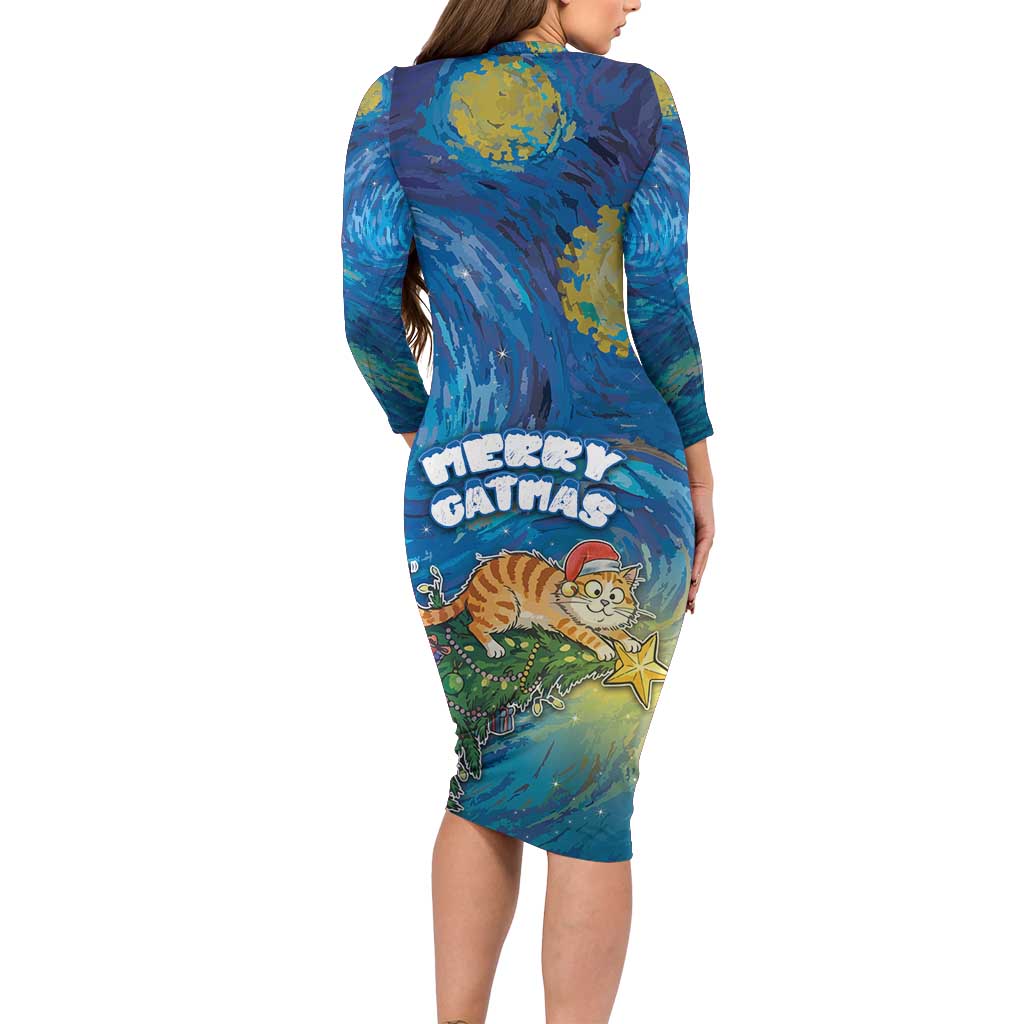 Merry Catmas Long Sleeve Bodycon Dress Cat Hanging On Xmas Tree - Wonder Print Shop