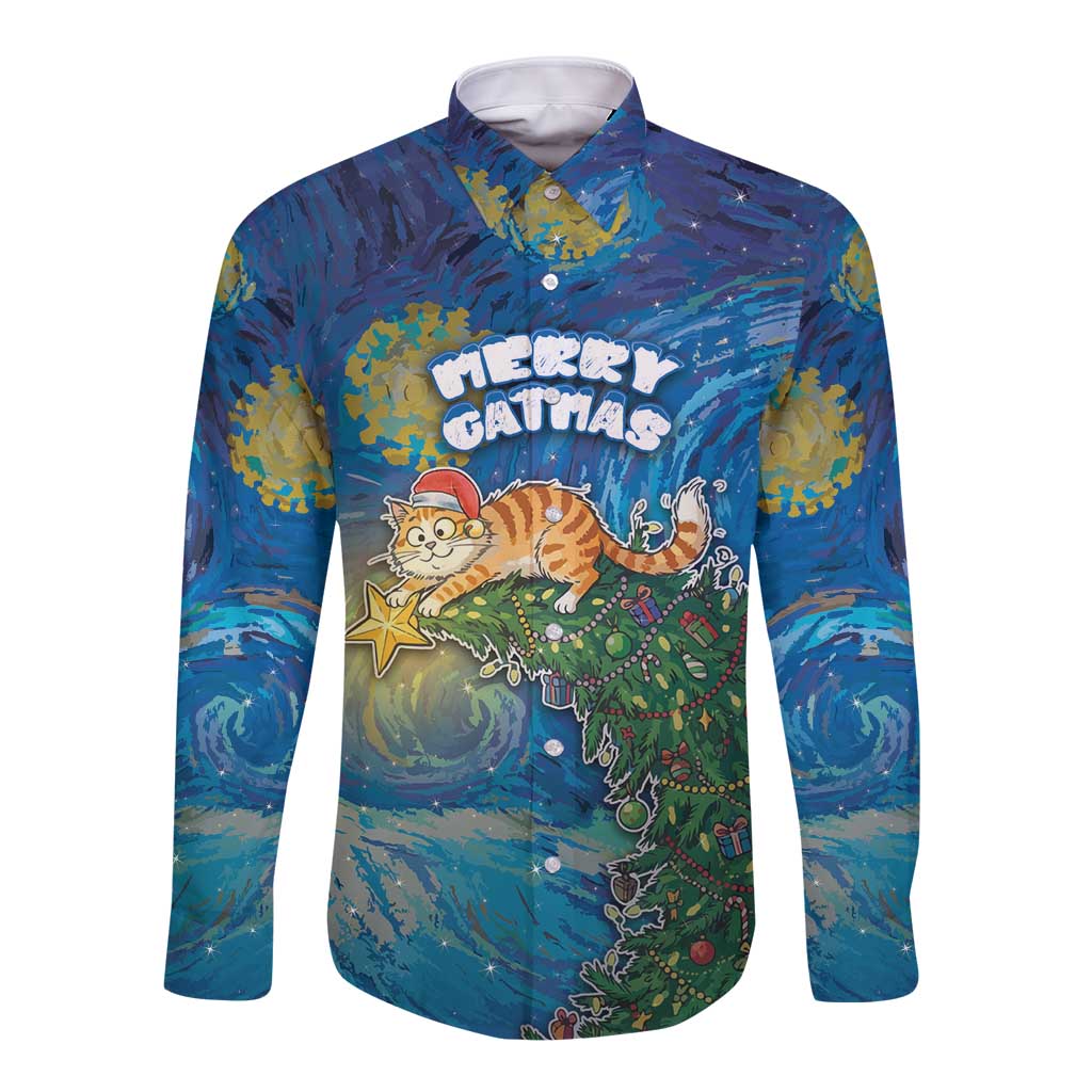 Merry Catmas Long Sleeve Button Shirt Cat Hanging On Xmas Tree - Wonder Print Shop