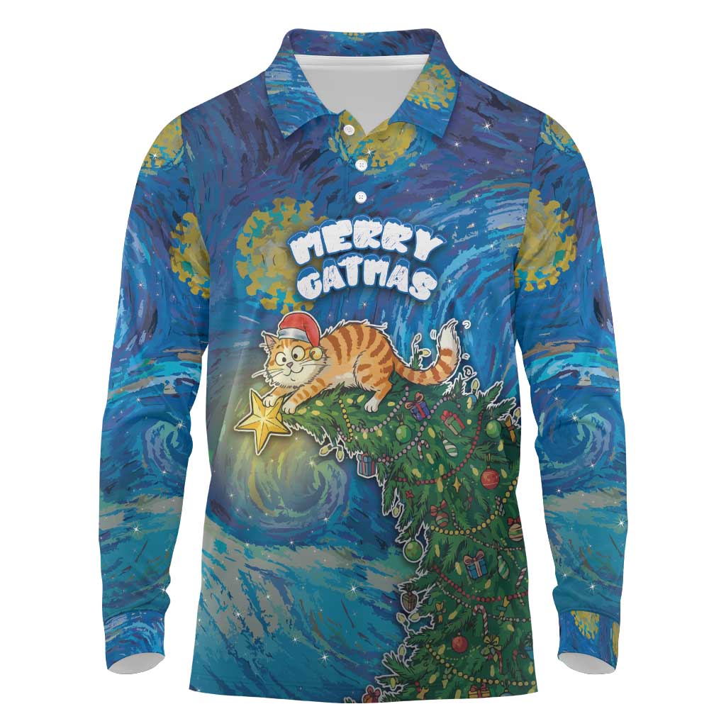 Merry Catmas Long Sleeve Polo Shirt Cat Hanging On Xmas Tree - Wonder Print Shop