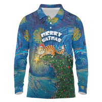 Merry Catmas Long Sleeve Polo Shirt Cat Hanging On Xmas Tree - Wonder Print Shop