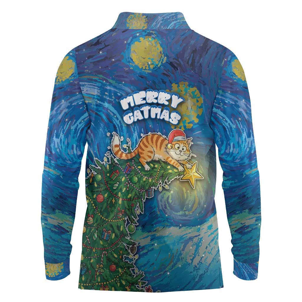 Merry Catmas Long Sleeve Polo Shirt Cat Hanging On Xmas Tree - Wonder Print Shop
