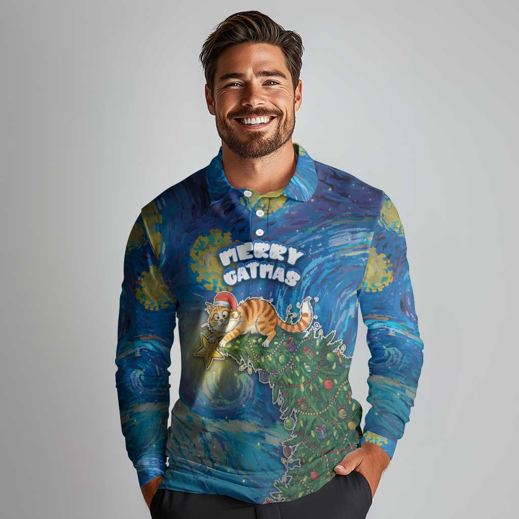 Merry Catmas Long Sleeve Polo Shirt Cat Hanging On Xmas Tree - Wonder Print Shop