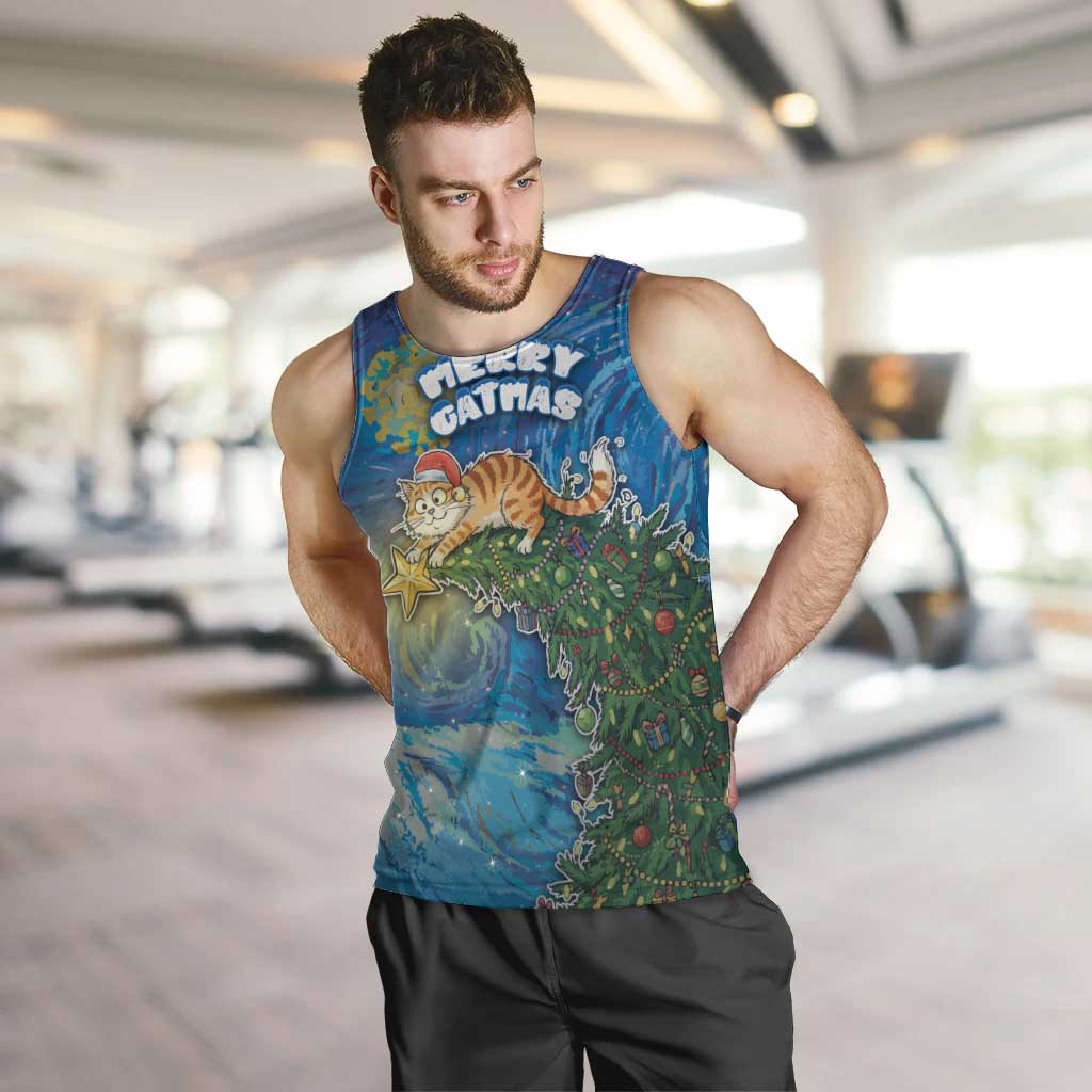 Merry Catmas Men Tank Top Cat Hanging On Xmas Tree - Wonder Print Shop