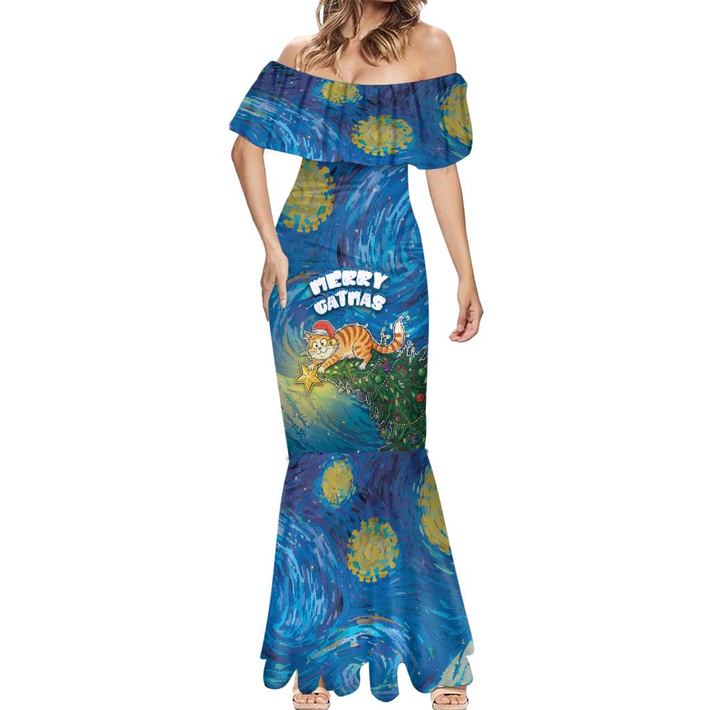 Merry Catmas Mermaid Dress Cat Hanging On Xmas Tree - Wonder Print Shop