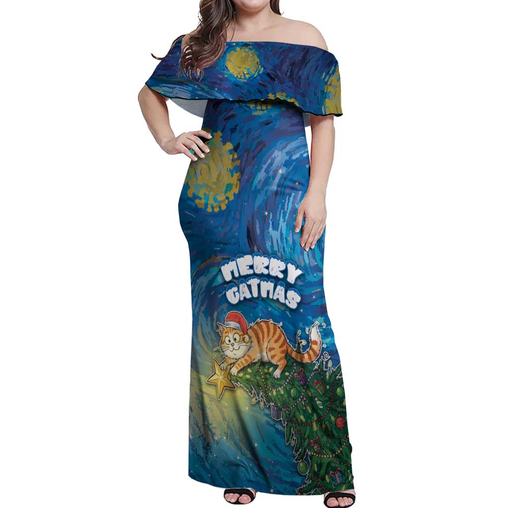 Merry Catmas Off Shoulder Maxi Dress Cat Hanging On Xmas Tree - Wonder Print Shop