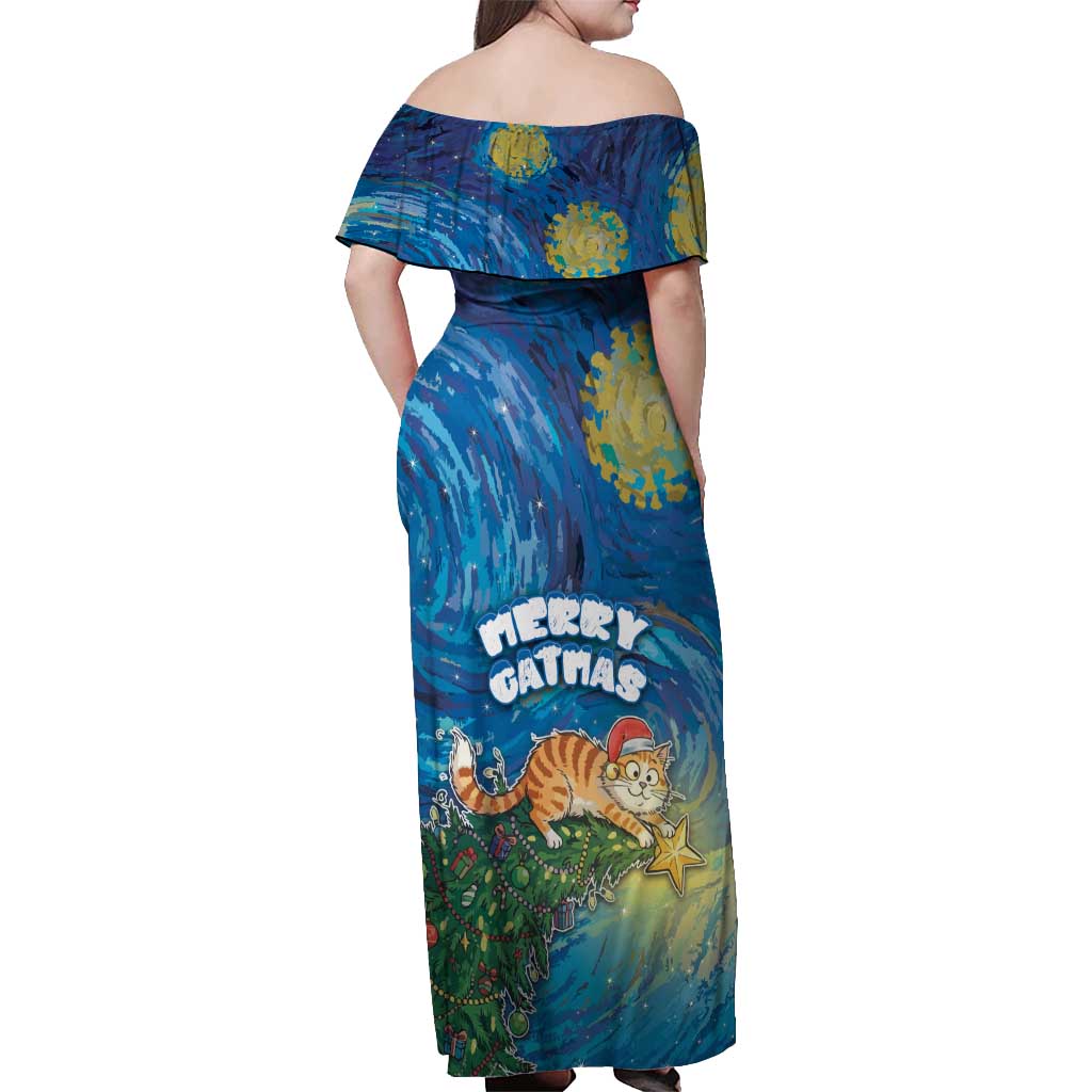Merry Catmas Off Shoulder Maxi Dress Cat Hanging On Xmas Tree - Wonder Print Shop