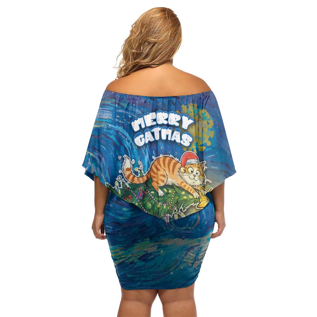 Merry Catmas Off Shoulder Short Dress Cat Hanging On Xmas Tree - Wonder Print Shop