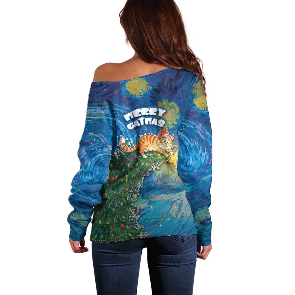 Merry Catmas Off Shoulder Sweater Cat Hanging On Xmas Tree - Wonder Print Shop