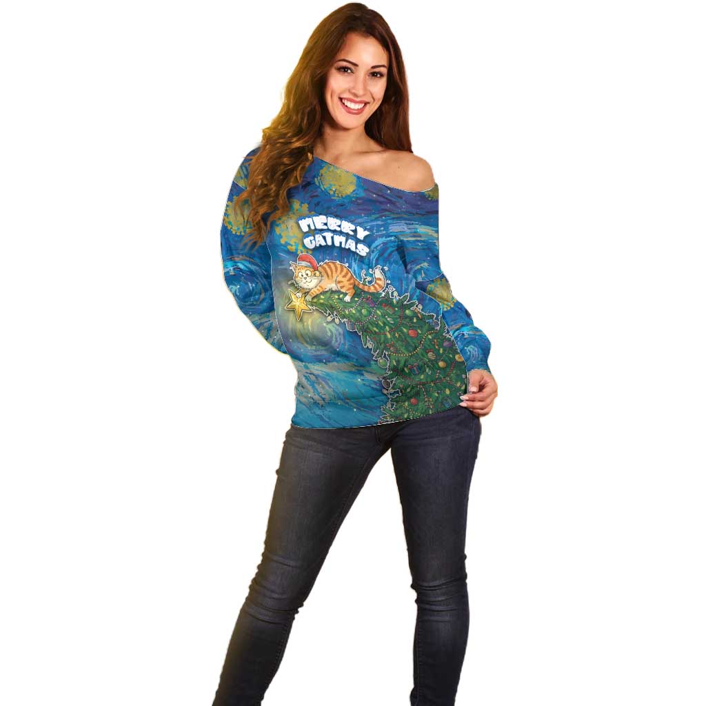Merry Catmas Off Shoulder Sweater Cat Hanging On Xmas Tree - Wonder Print Shop