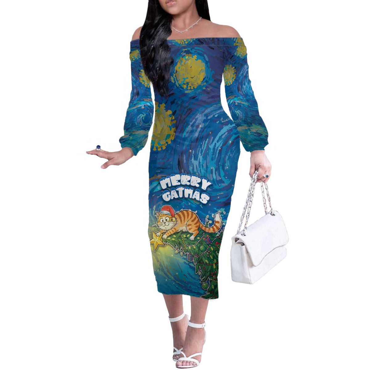 Merry Catmas Off The Shoulder Long Sleeve Dress Cat Hanging On Xmas Tree - Wonder Print Shop