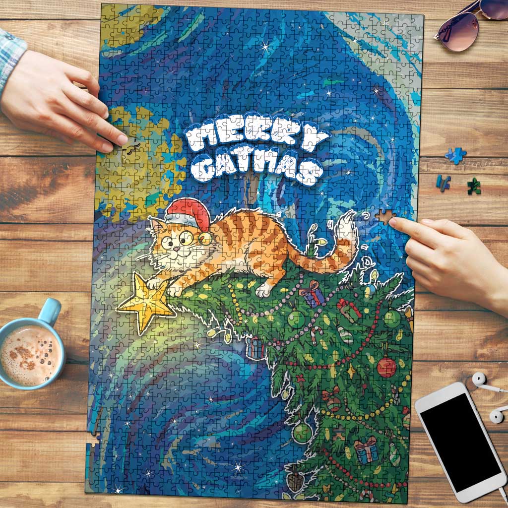Merry Catmas Puzzle Cat Hanging On Xmas Tree - Wonder Print Shop
