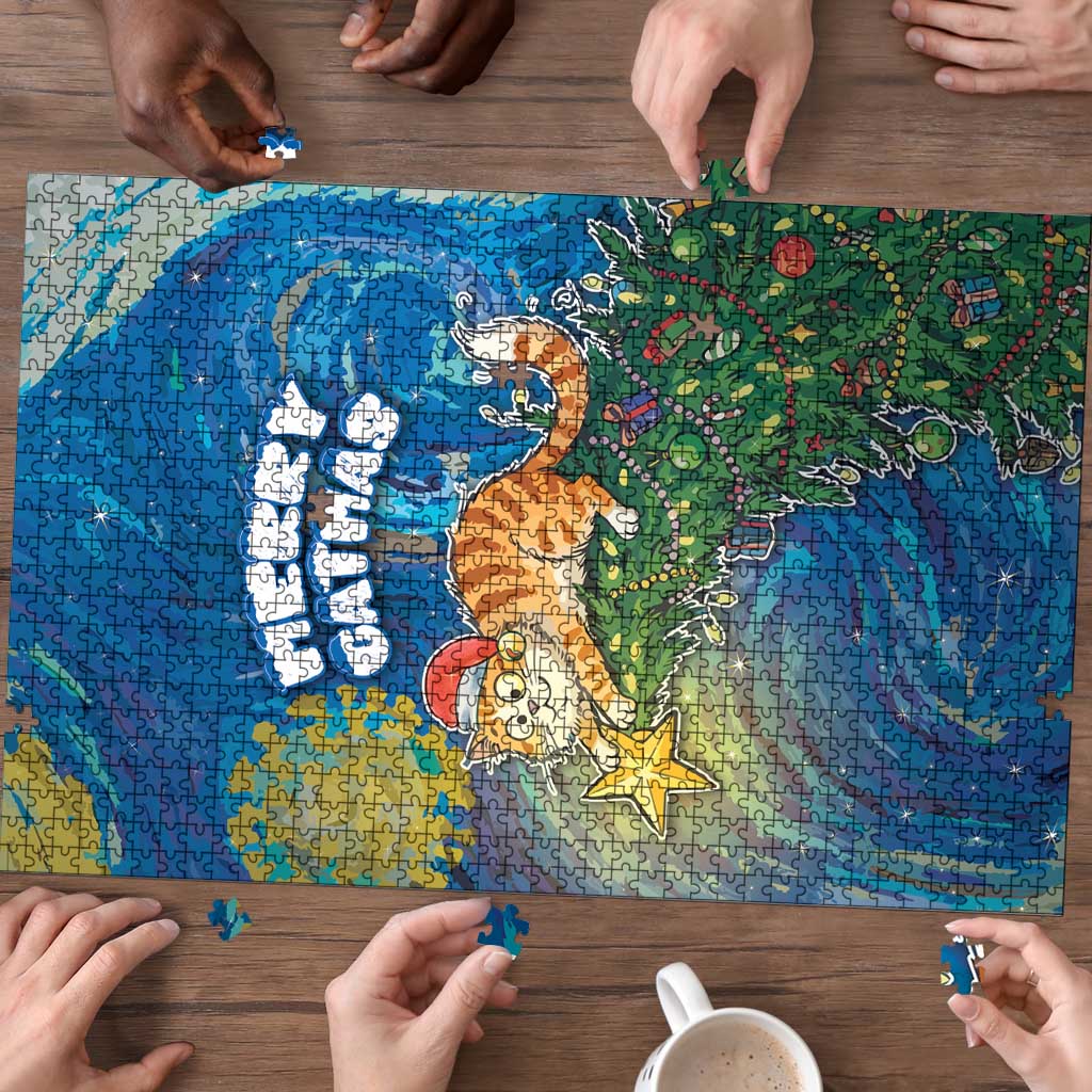 Merry Catmas Puzzle Cat Hanging On Xmas Tree - Wonder Print Shop