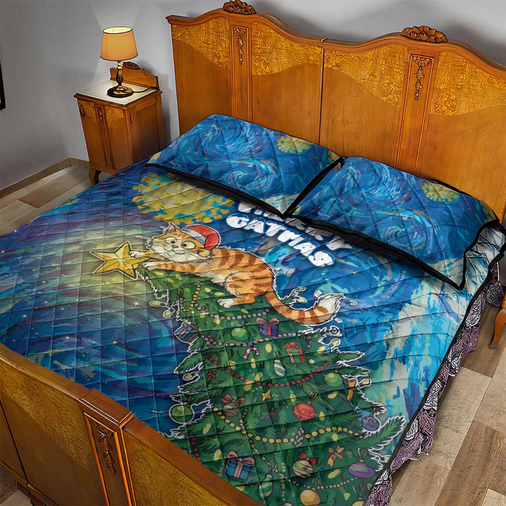 Merry Catmas Quilt Bed Set Cat Hanging On Xmas Tree - Wonder Print Shop