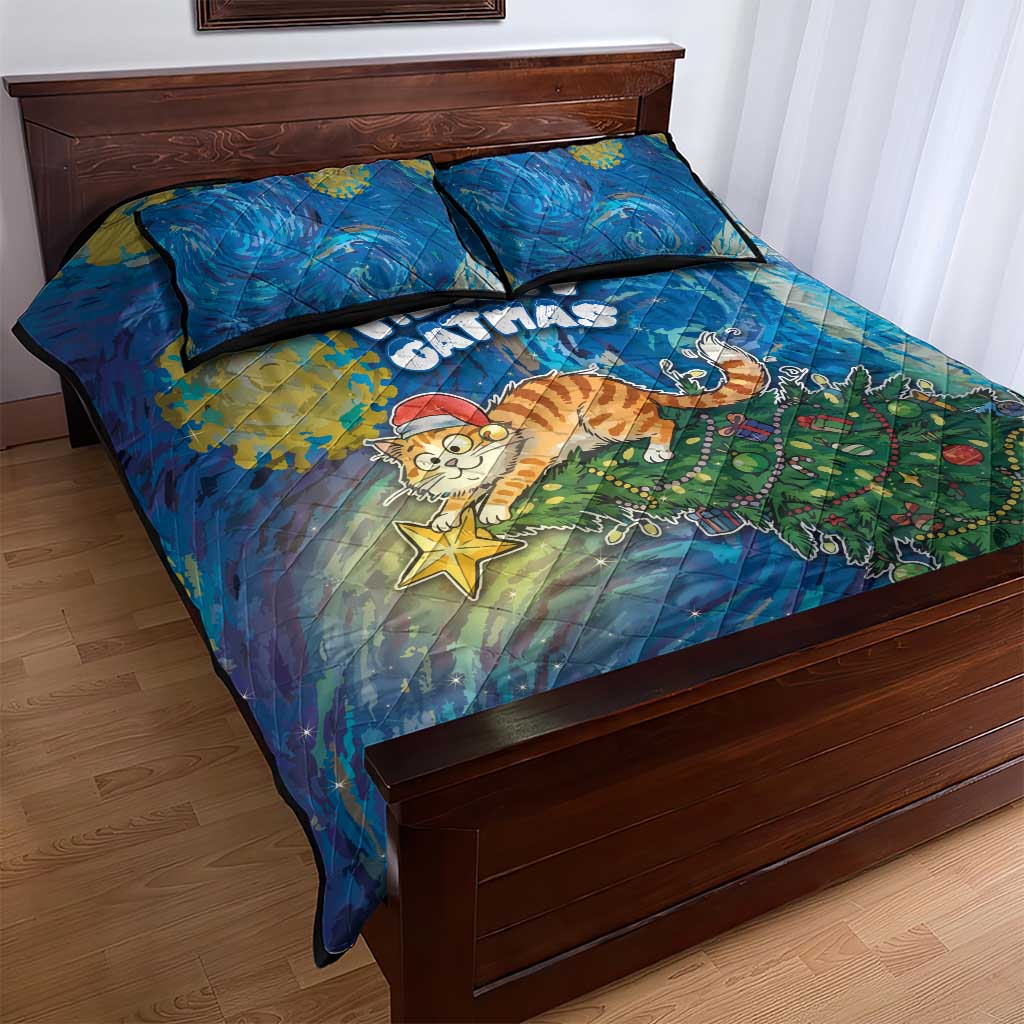 Merry Catmas Quilt Bed Set Cat Hanging On Xmas Tree - Wonder Print Shop