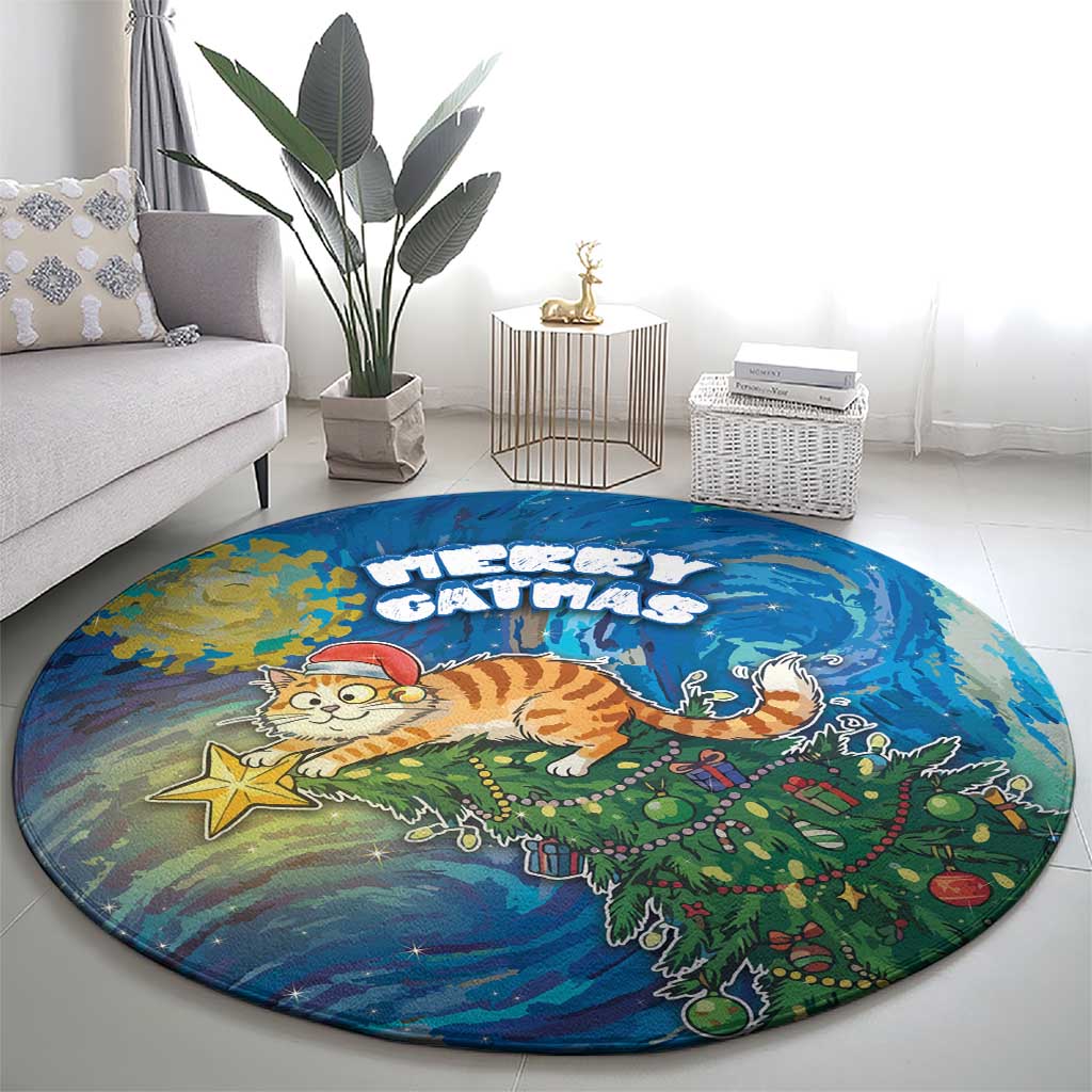 Merry Catmas Round Carpet Cat Hanging On Xmas Tree - Wonder Print Shop