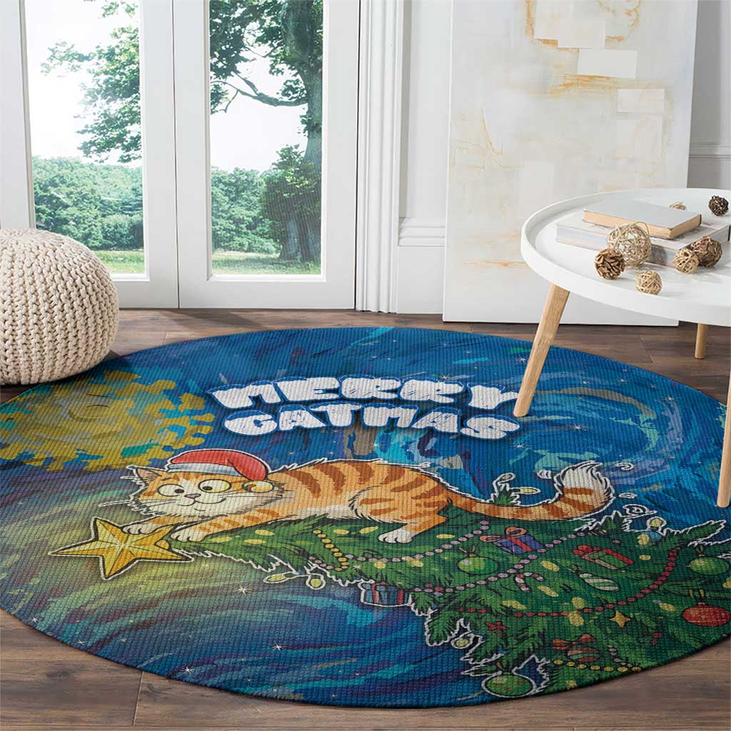 Merry Catmas Round Carpet Cat Hanging On Xmas Tree - Wonder Print Shop