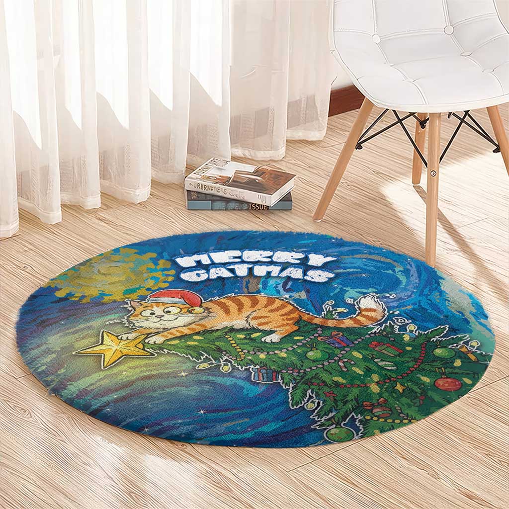 Merry Catmas Round Carpet Cat Hanging On Xmas Tree - Wonder Print Shop