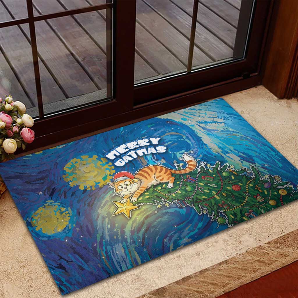 Merry Catmas Rubber Doormat Cat Hanging On Xmas Tree - Wonder Print Shop