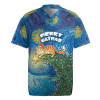 Merry Catmas Rugby Jersey Cat Hanging On Xmas Tree - Wonder Print Shop