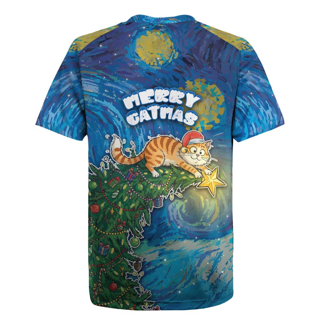 Merry Catmas Rugby Jersey Cat Hanging On Xmas Tree - Wonder Print Shop