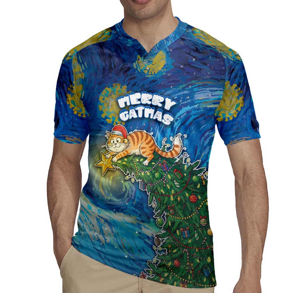 Merry Catmas Rugby Jersey Cat Hanging On Xmas Tree - Wonder Print Shop