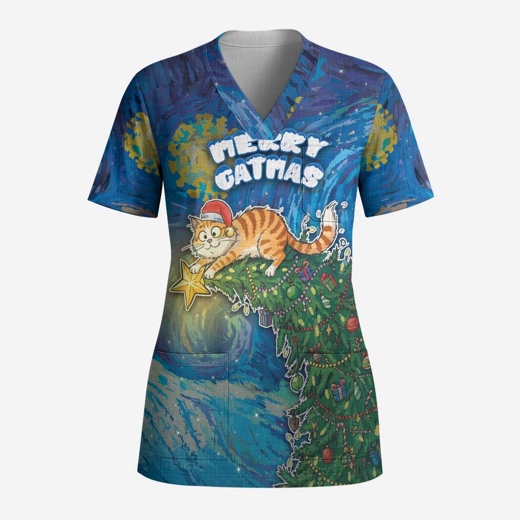 Merry Catmas Scrub Top Cat Hanging On Xmas Tree - Wonder Print Shop