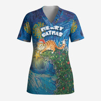 Merry Catmas Scrub Top Cat Hanging On Xmas Tree - Wonder Print Shop
