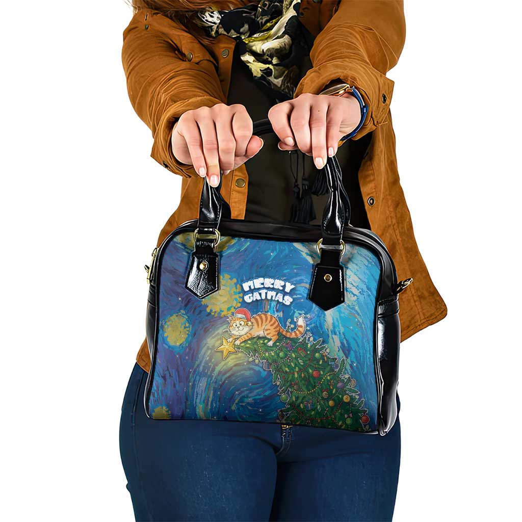 Merry Catmas Shoulder Handbag Cat Hanging On Xmas Tree - Wonder Print Shop