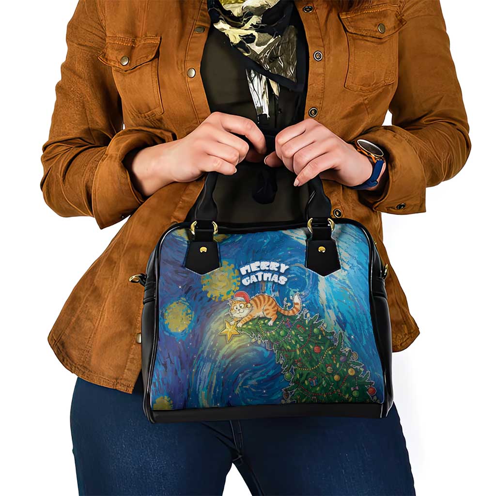 Merry Catmas Shoulder Handbag Cat Hanging On Xmas Tree - Wonder Print Shop