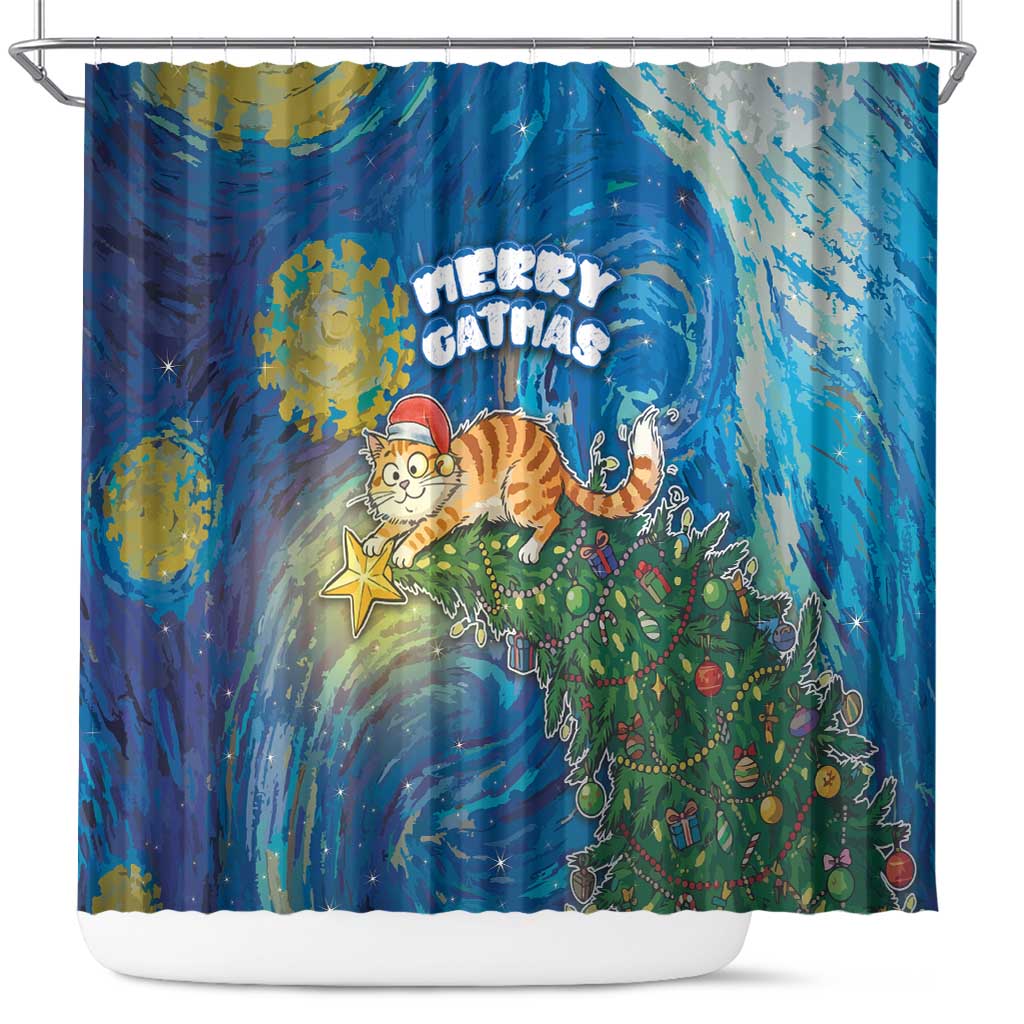 Merry Catmas Shower Curtain Cat Hanging On Xmas Tree - Wonder Print Shop