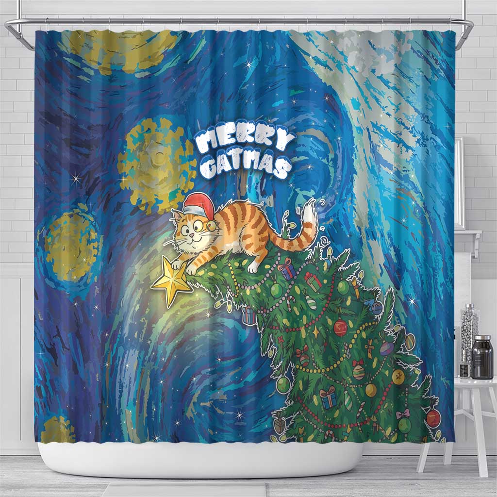 Merry Catmas Shower Curtain Cat Hanging On Xmas Tree - Wonder Print Shop