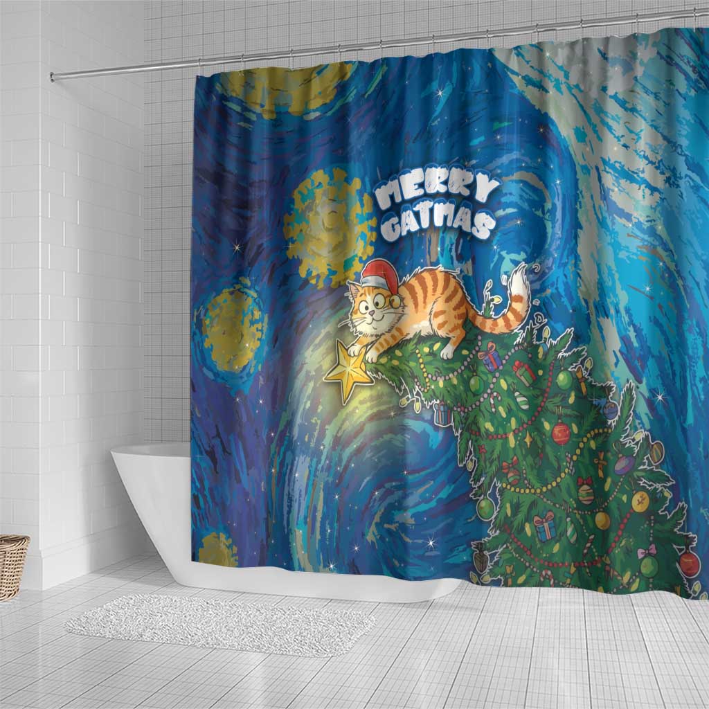 Merry Catmas Shower Curtain Cat Hanging On Xmas Tree - Wonder Print Shop