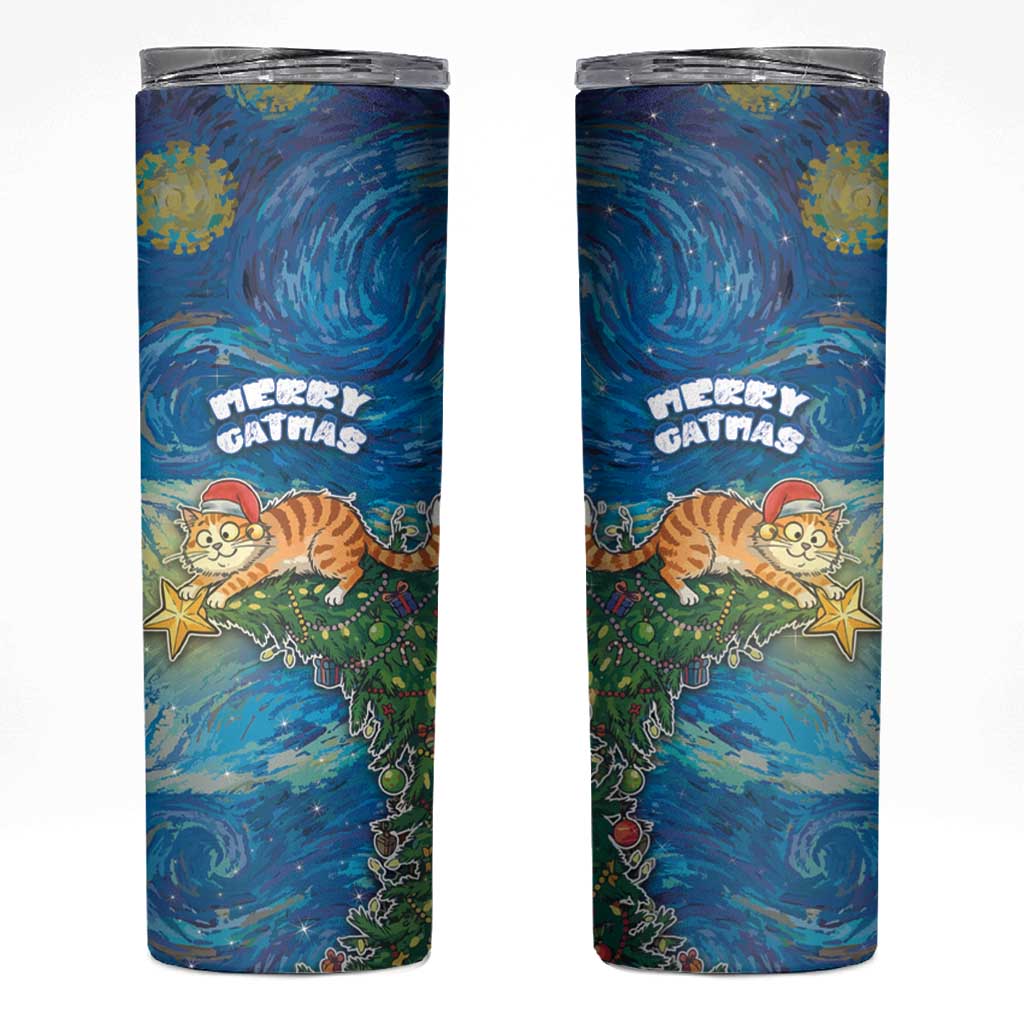 Merry Catmas Skinny Tumbler Cat Hanging On Xmas Tree - Wonder Print Shop