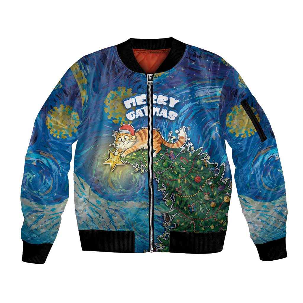 Merry Catmas Sleeve Zip Bomber Jacket Cat Hanging On Xmas Tree - Wonder Print Shop