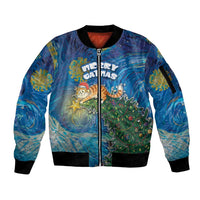 Merry Catmas Sleeve Zip Bomber Jacket Cat Hanging On Xmas Tree - Wonder Print Shop
