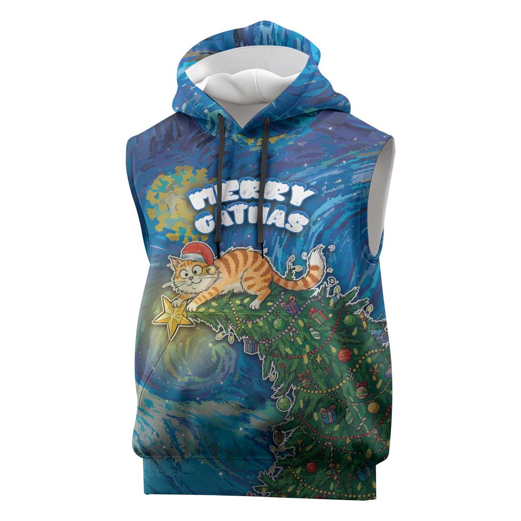 Merry Catmas Sleeveless Hoodie Cat Hanging On Xmas Tree - Wonder Print Shop