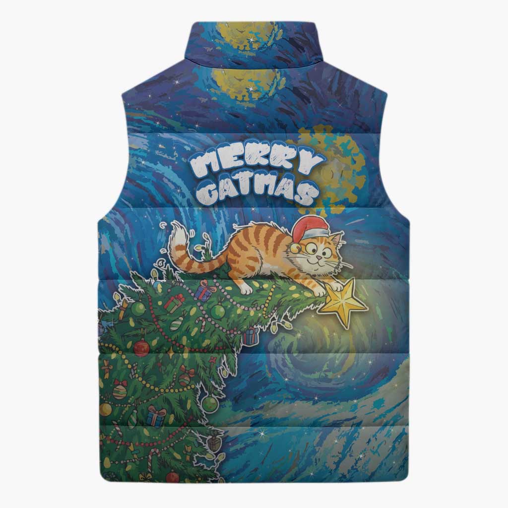 Merry Catmas Sleeveless Puffer Jacket Cat Hanging On Xmas Tree - Wonder Print Shop