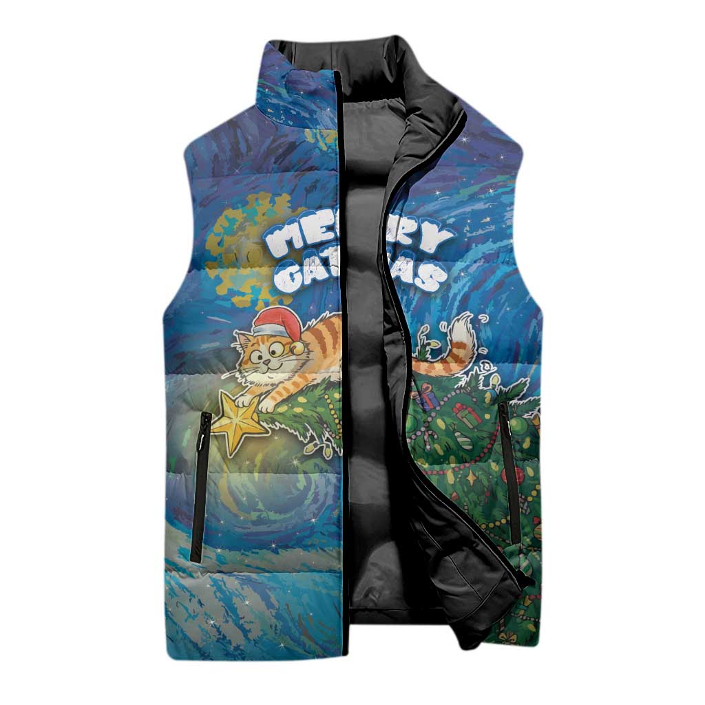 Merry Catmas Sleeveless Puffer Jacket Cat Hanging On Xmas Tree - Wonder Print Shop