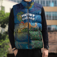 Merry Catmas Sleeveless Puffer Jacket Cat Hanging On Xmas Tree - Wonder Print Shop