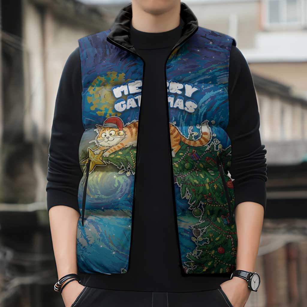 Merry Catmas Sleeveless Puffer Jacket Cat Hanging On Xmas Tree - Wonder Print Shop