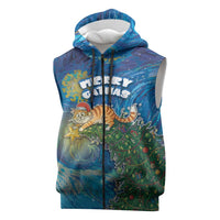 Merry Catmas Sleeveless Zip Hoodie Cat Hanging On Xmas Tree - Wonder Print Shop