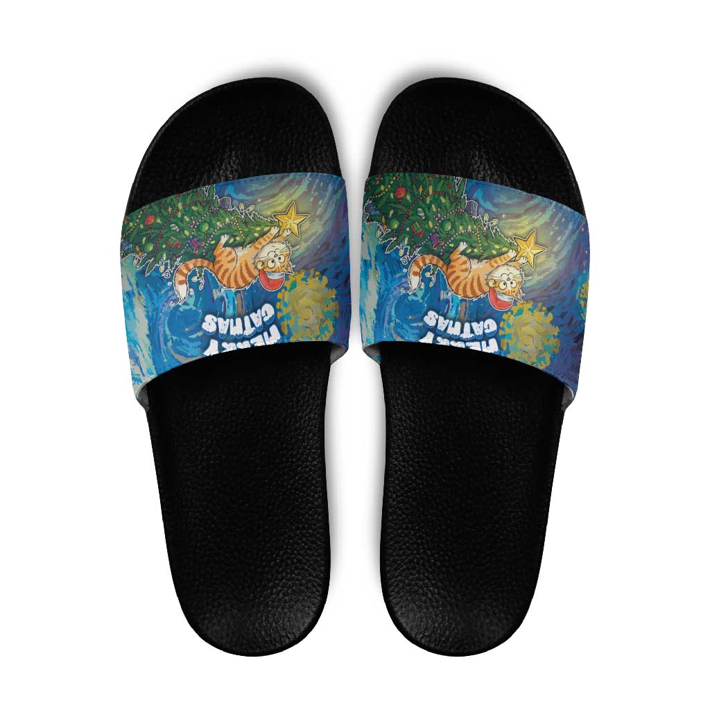 Merry Catmas Slide Sandals Cat Hanging On Xmas Tree - Wonder Print Shop