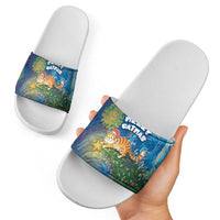 Merry Catmas Slide Sandals Cat Hanging On Xmas Tree - Wonder Print Shop